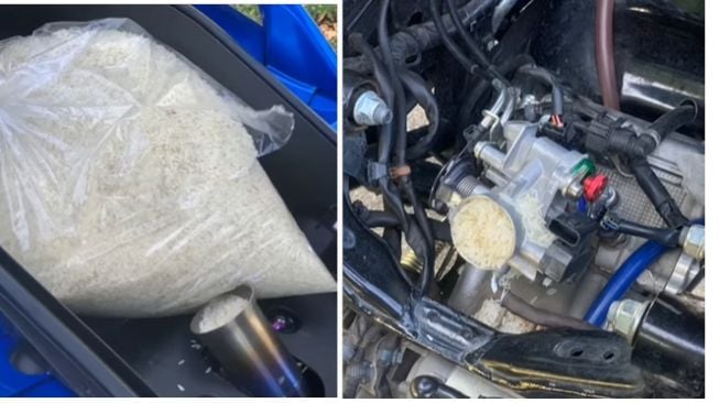 Mesin Yamaha XMAX rusak parah gara-gara sekantong plastik berisi beras (Instagram)