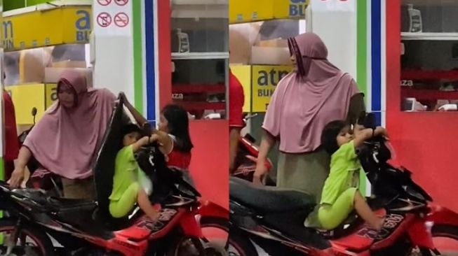 Emak-emak Isi Bensin Motor di SPBU, Posisi 'Mager' Anaknya Bikin Publik Salah Fokus (TikTok)