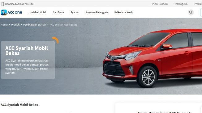 Website ACC Syariah salah satunya melayani pembiayaan mobil bekas [screenshot website Astra Credit Companies].