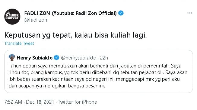 Cuitan Fadli Zon dan Henry Subiakto (twitter)