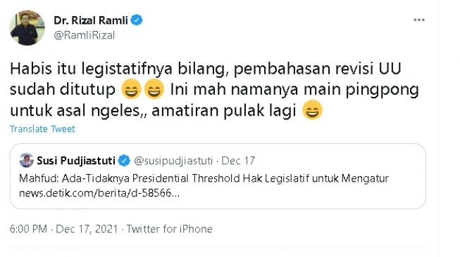 Cuitan Rizal Ramil sindir pernyataan Mahfud MD soal Presidential Threshold (twitter)