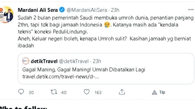 Cuitan mardani Ale Sera soal umroh (twitter)