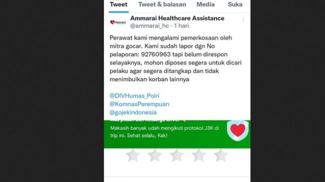 Perawat diperkosa sopir Gocar. (bidik layar Twitter)