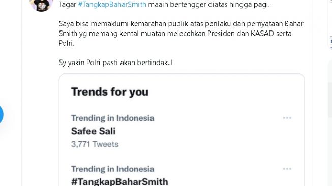 Cuitan Ferdinand Hutahaean soal Tagar TangkapBaharSmith (Twitter)