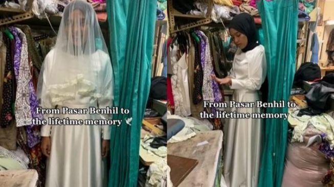 Viral Cewek Pamer Hasil Jahitan Gaun Pernikahan di Pasar. (TikTok)