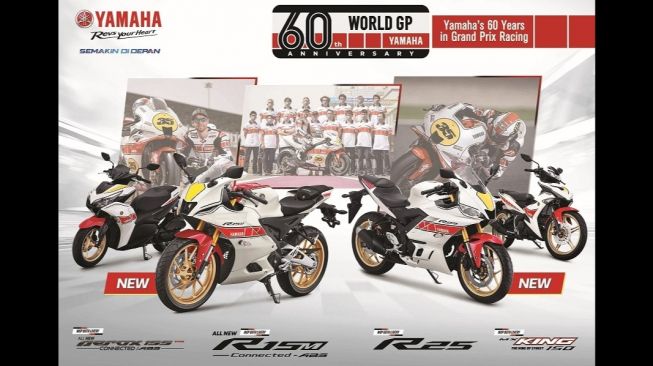 Deretan edisi Yamaha World Grand Prix 60th Anniversary Livery, mulai Yamaha MX King 150, All-New Yamaha Aerox 155 Connected ABS,  All-New Yamaha R15M Connected ABS, sampai Yamaha R25 ABS [PT YIMM].