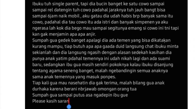 Anak Kesal Ibu Bucin dan Mudah Kasih Duit ke Teman, Pas Dinasihati Dibilang Durhaka (Twitter/@tubirfess)