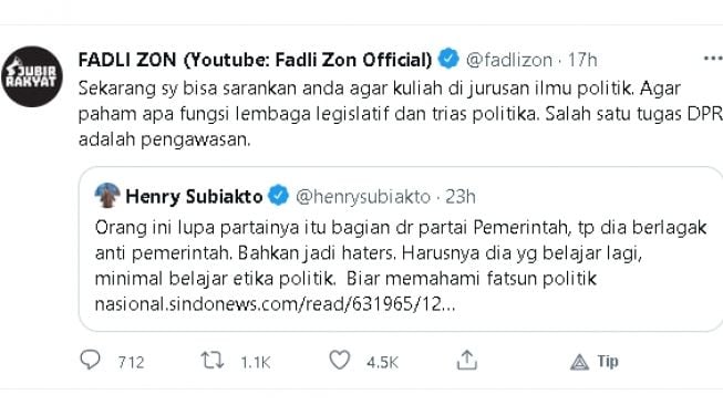 Cuitan Fadli Zon ke Henry Subiakto (Twitter)