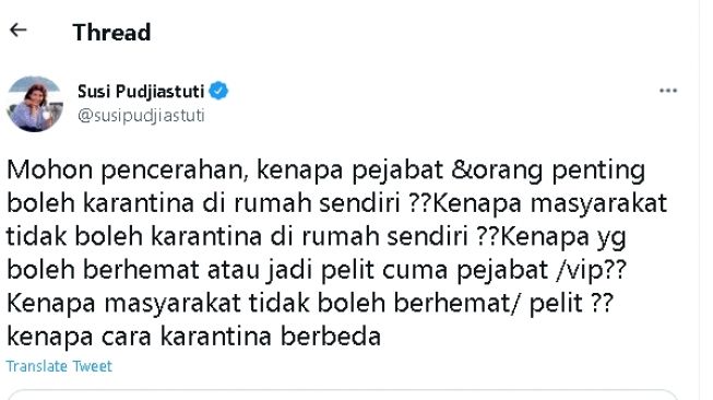 Cuitan Susi Pudjiastuti soal karantina (twitter)