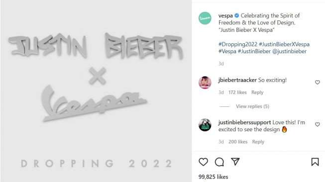 Vespa kolaborasi Justin Bieber bakal rilis di tahun depan (Instagram)