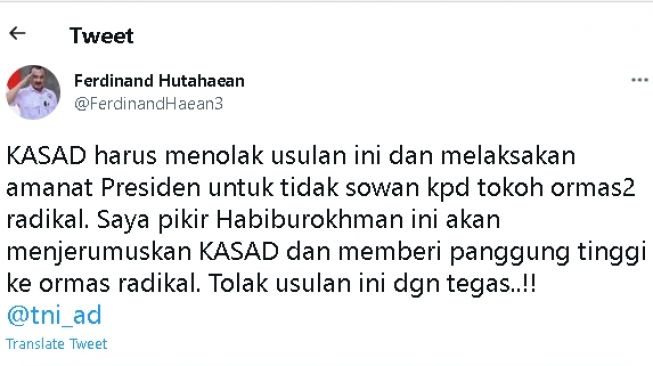 Cuitan Ferdiand Hutahaean soal Jenderal Dudung dan Habib Bahar (twitter)