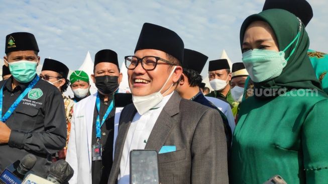 Ketum PKB Muhaimin Iskandar atau Cak Imin hadiri Muktamar NU ke-34 di Lampung, Rabu (22/12/2021). (Suara.com/Bagaskara)
