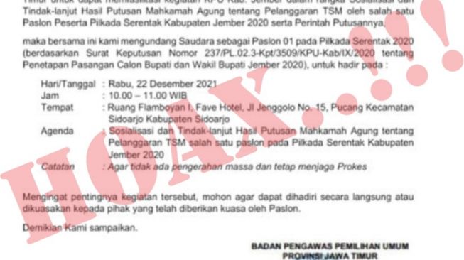 Viral Surat Bawaslu Jatim Sebut Ada Pelanggaran TSM Pilkada Jember 2020, Begini Faktanya