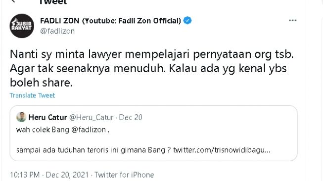 Cuitan Fadli Zon (Twitter)