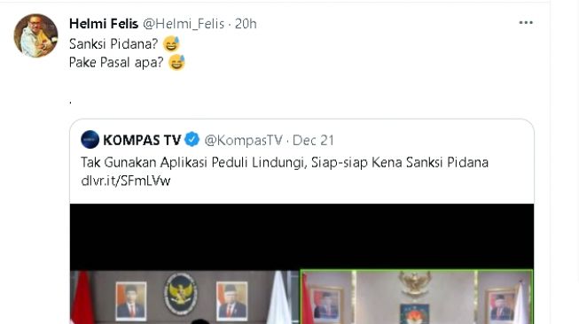 Cuitan Helmi Felis soal wacana ancaman pidana bagi yang tak pakai PeduliLindungi (Twitter)