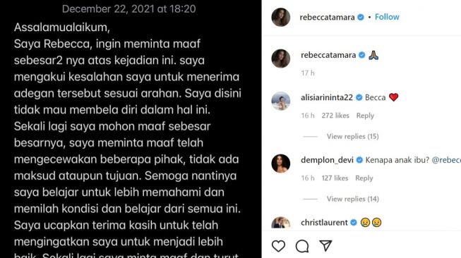 Tangkapan layar instagram Rebecca meminta maaf karena adegan syuting di area pengungsian Gunung Semeru, Rabu (22/12/2021).