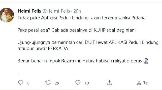 Cuitan Helmi Felis soal wacana ancaman pidana bagi yang tak pakai PeduliLindungi (Twitter)