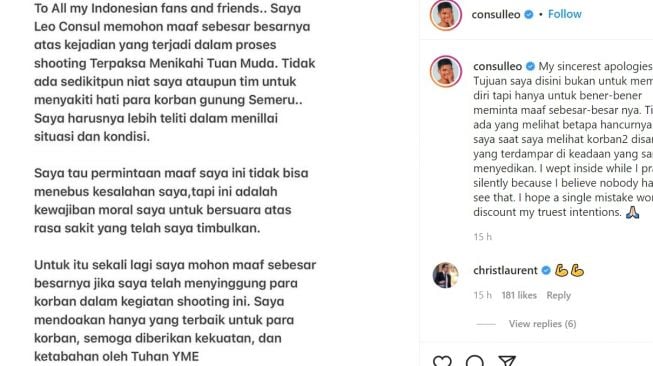 Tangkapan layar instagram Leo Consul meminta maaf karena adegan syuting di area pengungsian Gunung Semeru, Rabu (22/12/2021).