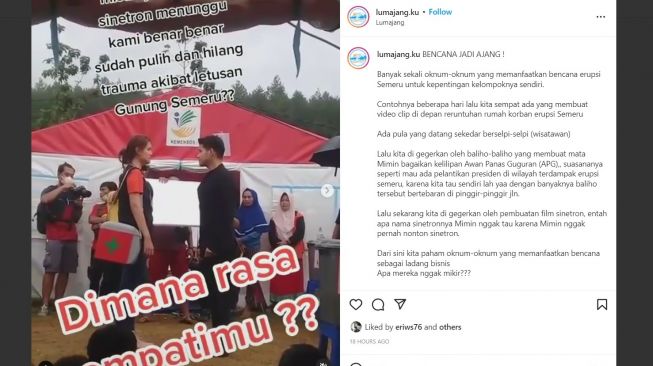 Tangkapan layar video lokasi pengungsian korban gunung semeru menjadi tempat syuting film. [Instagram]