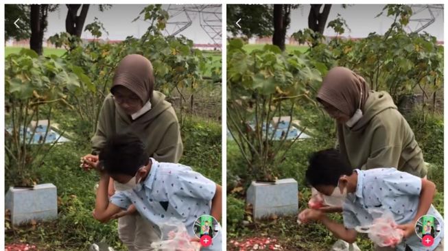 Tingkah anak di pusara sang ibu bikin warganet campur aduk (TikTok/itsineyyy)