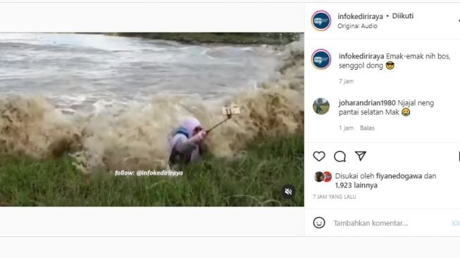 Viral! Emak-emak Ini Sengaja Nantang Ombak, Warganet: Ombak Aja Emosi Lihatnya