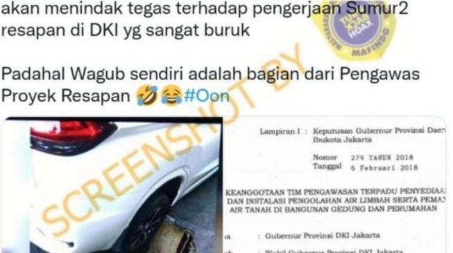 CEK FAKTA: Mobil Wakil Gubernur DKI Jakarta Terperosok di Lubang Sumur Resapan, Benarkah?