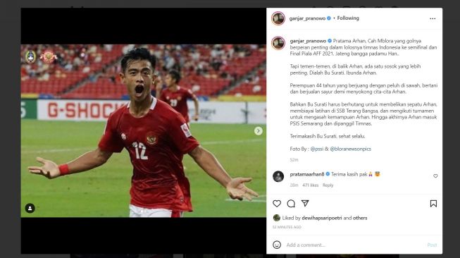 Unggahan Ganjar Pranowo yang menceritakan perjuangan orang tua Pratama Arhan. [Instagram]