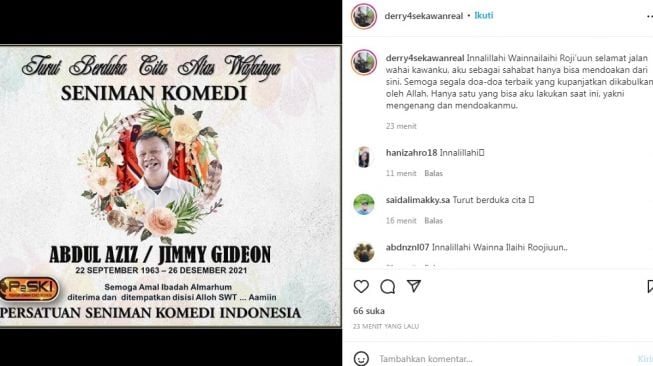 Unggahan Derry 4 Sekawan saat mengumumkan bahwa Jimmy Gideon meninggal dunia. [Instagram/@derry4sekawanreal]