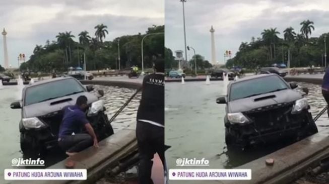 Viral Mobil Nyemplung Kolam Bundaran Patung Kuda, Publik: Mabuk atau Ngantuk?