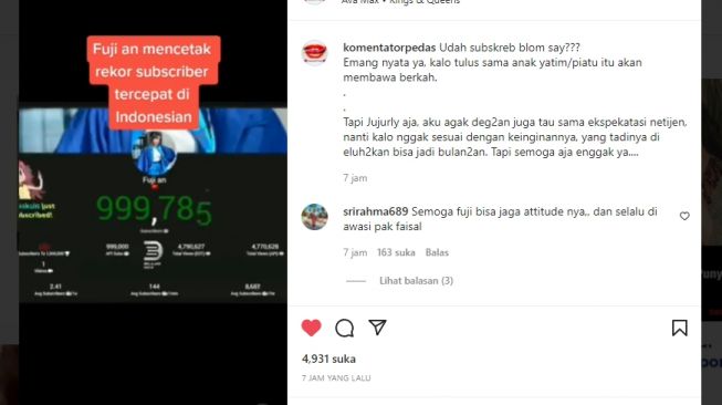 Diklaim Cetak Rekor, Subscriber Kanal YouTube Fuji Disebut Tercepat di Indonesia