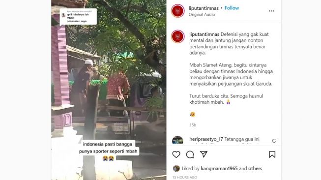 Sosial media beredar video seorang kakek tua yang merupakan penggemar Timnas Indonesia dikabarkan meninggal dunia pasca Nadeo Argawinta berhasil menepis tendangan penalti.[Instagram]