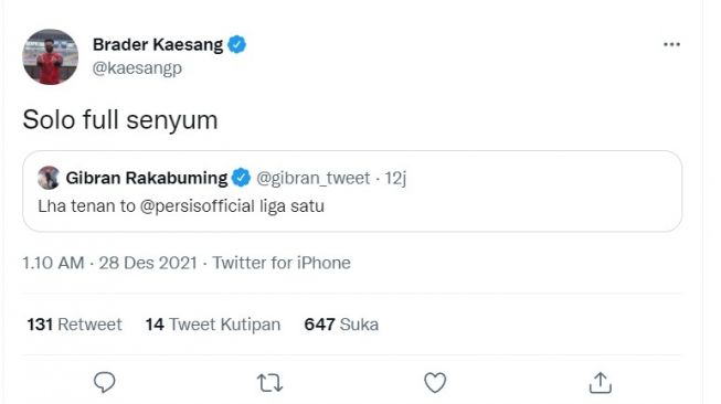 Cuitan Kaesang Pangarep dan Gibran Rakabuming Raka usai Persis Solo lolos ke Liga 1. [Twitter]