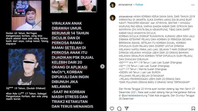 Viral Anak 14 Tahun Diperkosa Ramai-ramai dan Dijual Paksa Layani 20 Pria. (Instagram)