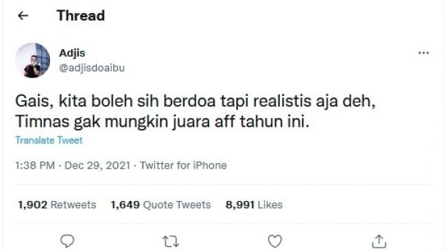 Adjis Doaibu tweet soal Piala AFF 2020. 