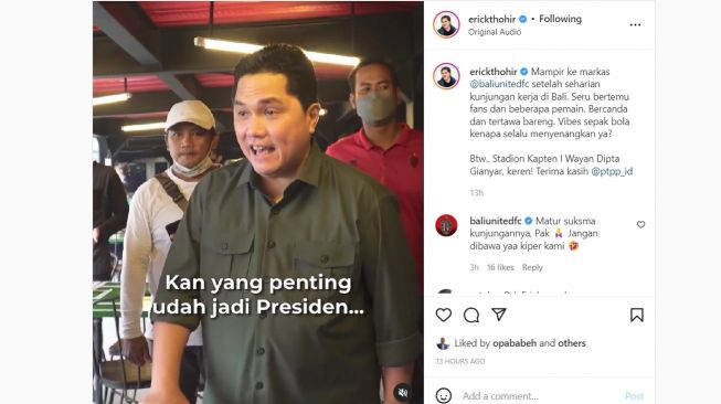 Kunjungan Menteri BUMIN Erick Thohir ke markas Bali United. [Instagram]