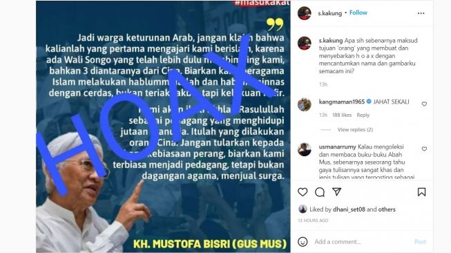 Unggahan Gus Mus yang geram namanya dicatut sebagai keturunan arab. [Instagram/@s.kakung]