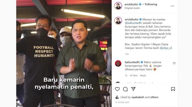 Menteri BUMN Erick Thohir saat berada di Bali United, Ia pun diisukan akan mengambil beberapa pemain untuk Persis Solo. [Instagram]