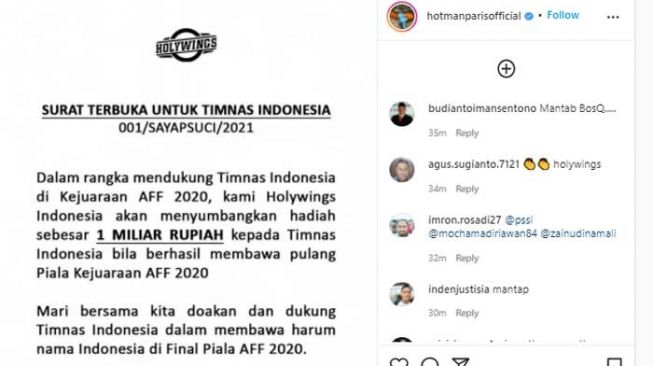 Holywings Janjikan Rp 1 Miliar Jika Timnas Indonesia Juara Piala AFF 2020