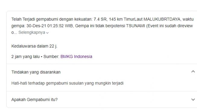 Tangkapan layar laporan gempa bumi dari BMKG di laman pencarian Google. [Google]