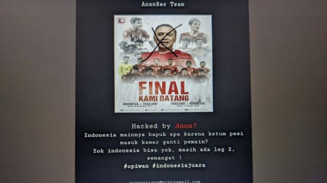 Tangkapan layar laman situs resmi PSSI yang diretas pada Rabu (29/12/2021). Peratasan dilakukan usai Indonesia kalah dengan skor 0-4 dari Thailand pada laga leg pertama final Piala AFF 2020 di Stadion Nasional, Singapura. (Antara/ Michael Siahaan)