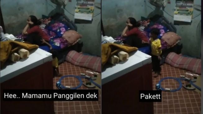 Seorang perempuan fokus menonton televisi hingga tidak menghiraukan panggilan kurir paket dan anaknya. (TikTok/roofyrakeri)