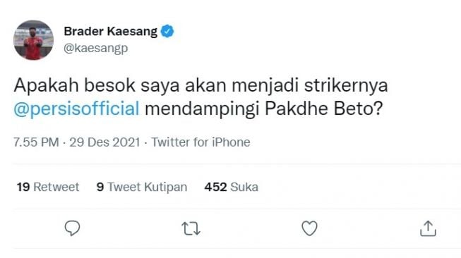 Cuitan Kaesang Pangarep ingin menjadi striker Persis Solo di laga final nanti. 