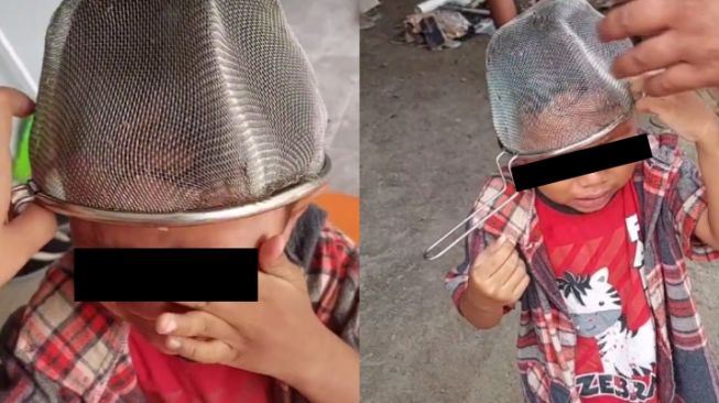 Kocak, Viral Saringan Nyangkut di Kepala Anak Kecil Sampai Histeris