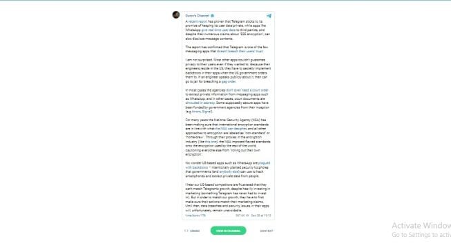 Postingan komentar CEO Telegram Pavel Durov. [Durov Channel]