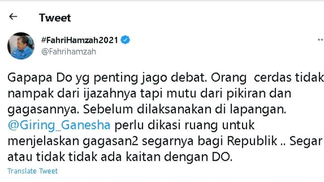 Cuitan Fahri Hamzah soal Giring Ganesha (Twitter)