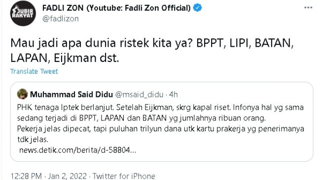 Cuitan Fadli Zon (twitter)