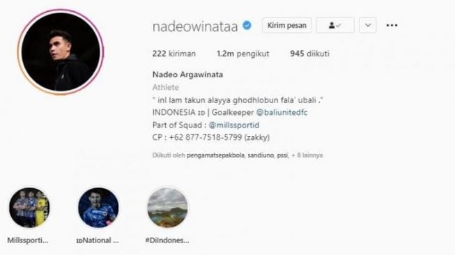 Nadeo Argawinata, pemainTimnas Indonesia dengan followers terbanyak. (Instagram/@nadeowinataa)