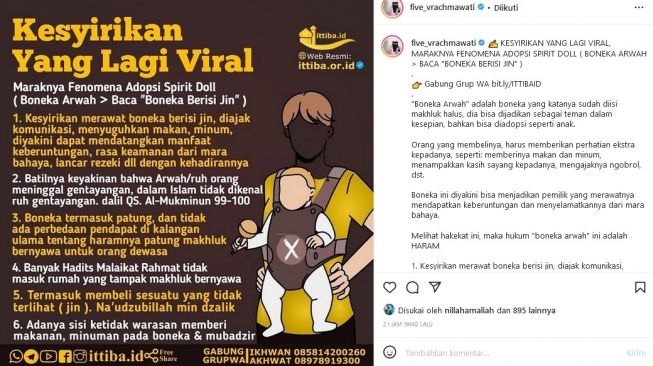 Unggahan Five Vi Rachmawati soal adopsi boneka spirit doll. [Instagram]