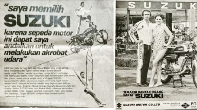Iklan jadul motor Suzuki dengan tagline yang menggelitik (Instagram)