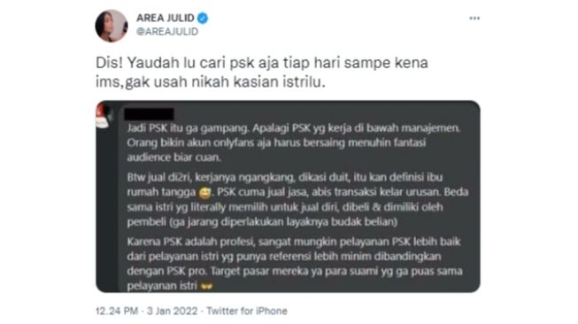 foto tangkapan layar cuitan dari akun Twitter @AREAJULID